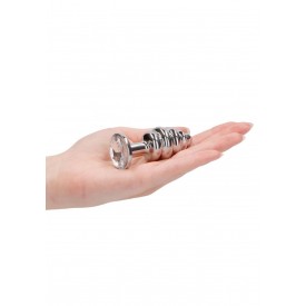 Серебристая анальная пробка с прозрачным кристаллом Ribbed Diamond Plug - 7,3 см.