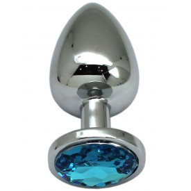 Серебристая анальная пробка с голубым кристаллом - 9 см.