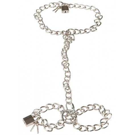 Фиксация на шею и запястья в виде цепей с замочками Bad Kitty Metal collar and chain