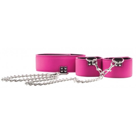 Чёрно-розовый двусторонний ошейник с наручниками Reversible Collar and Wrist Cuffs