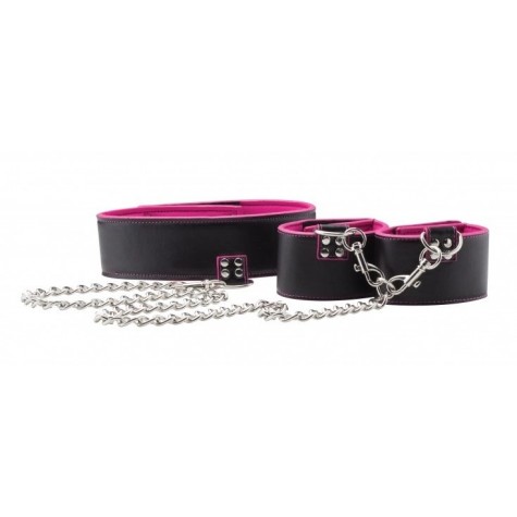 Чёрно-розовый двусторонний ошейник с наручниками Reversible Collar and Wrist Cuffs